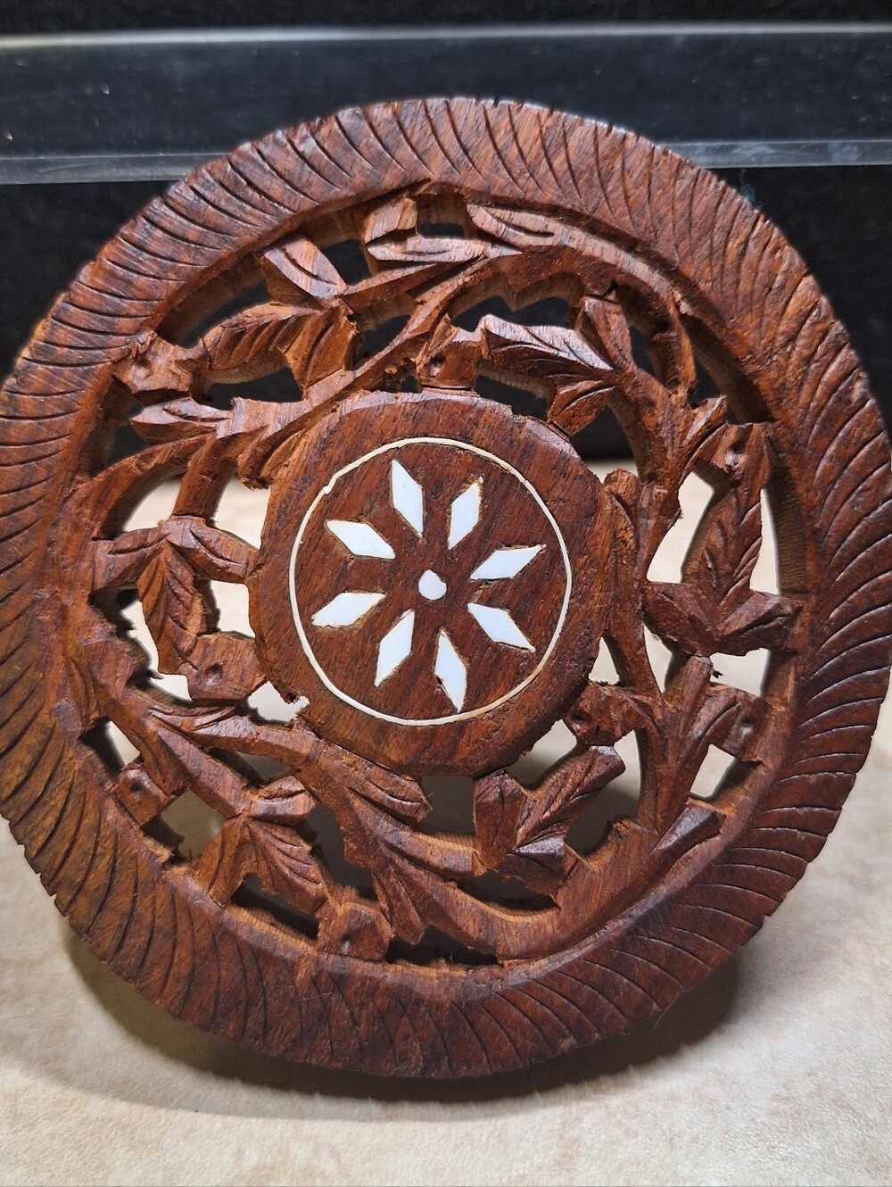 Boho Hand Carved Wood Trivet Plant Stand Hot Pad Floral Inlaid India Lot (3) VTG - Picture 6 of 11